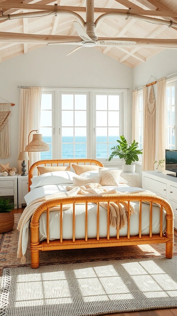 A bright boho bedroom featuring a rattan bed frame, ocean view, and natural decor.