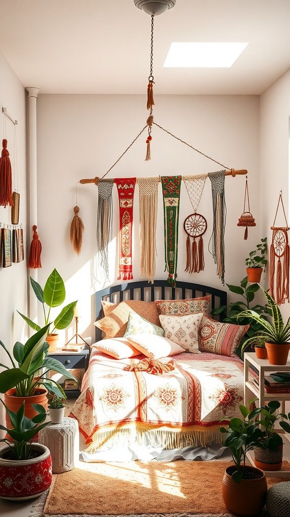 Cozy bohemian bedroom featuring a bed with a colorful quilt, macramé hangings, and lush plants.