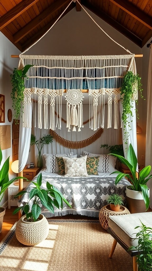 A stylish Boho loft bed with macramé decorations and lush green plants in a cozy bedroom.