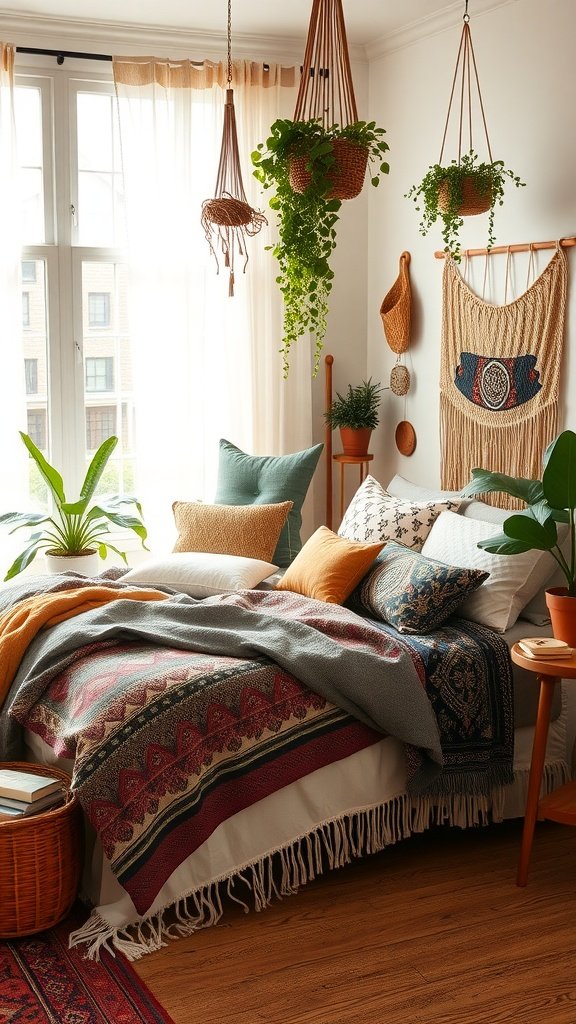 Cozy bohemian bedroom with botanical elements, layered bedding, and plants.