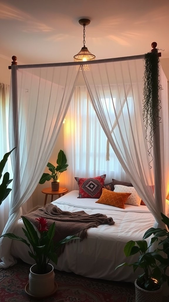 A cozy canopy bed with sheer curtains, decorated with colorful pillows and surrounded by plants.