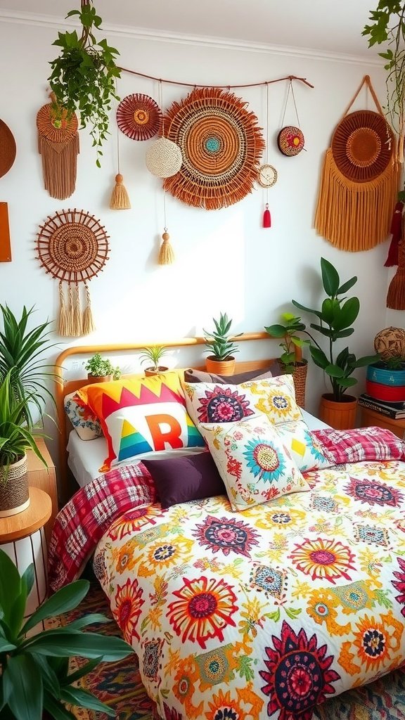 A colorful Boho bedroom featuring a bold quilt, layered pillows, woven wall hangings, and hanging plants.