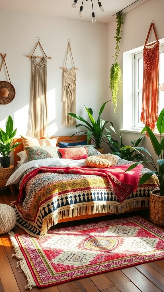 A boho chic bedroom featuring a colorful bed with patterned throws, macramé wall hangings, and indoor plants.