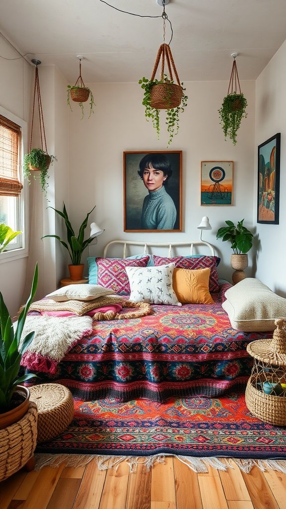 A cozy boho bedroom featuring a colorful bedspread, pillows, hanging plants, and eclectic artwork.