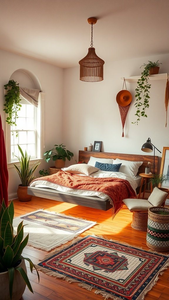 A cozy Boho style bedroom featuring a floating bed with underlighting, surrounded by plants and stylish decor.