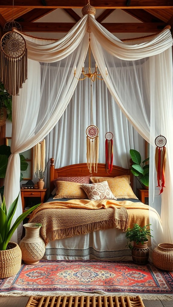 A cozy boho style bedroom featuring a canopy bed with sheer drapery, colorful pillows, and natural decor elements.