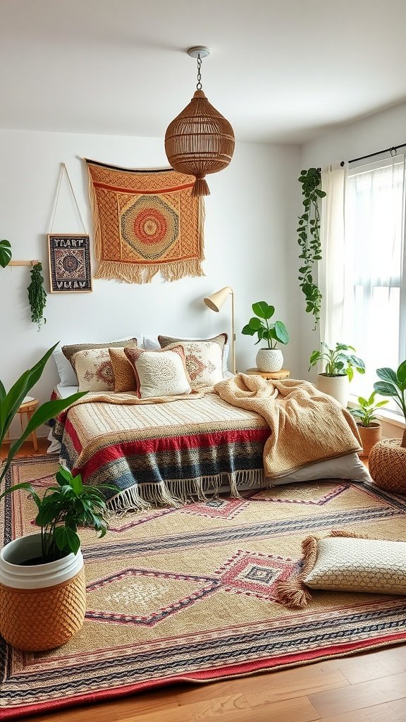 A cozy Boho bedroom featuring a textured bed, colorful rug, and hanging plants.