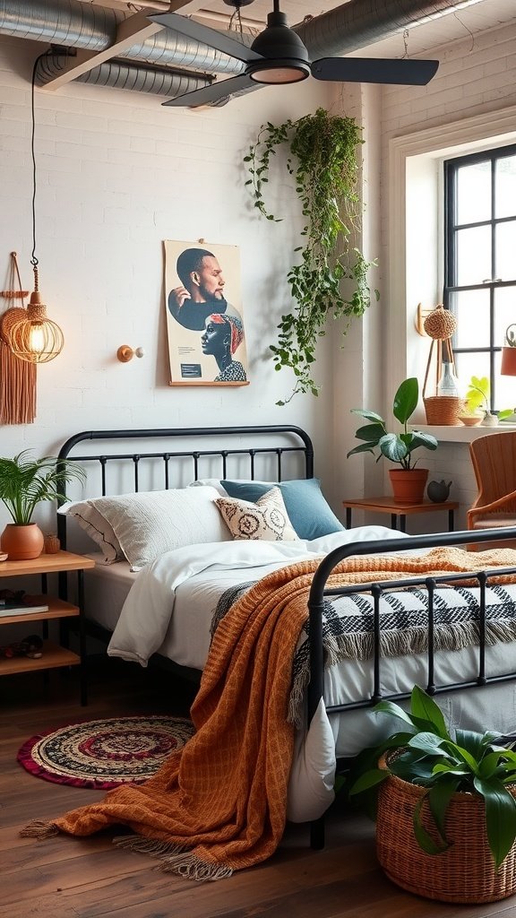 A cozy industrial chic boho bedroom featuring a black bed frame, layered bedding, plants, and wall art.