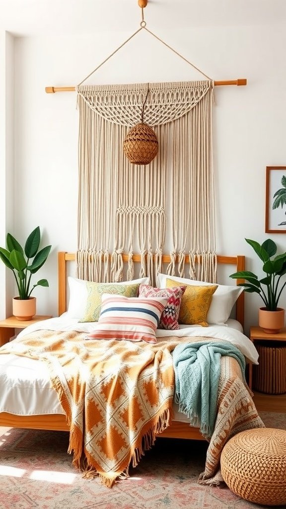 A beautifully styled boho bedroom featuring a macrame headboard, colorful pillows, and a cozy blanket