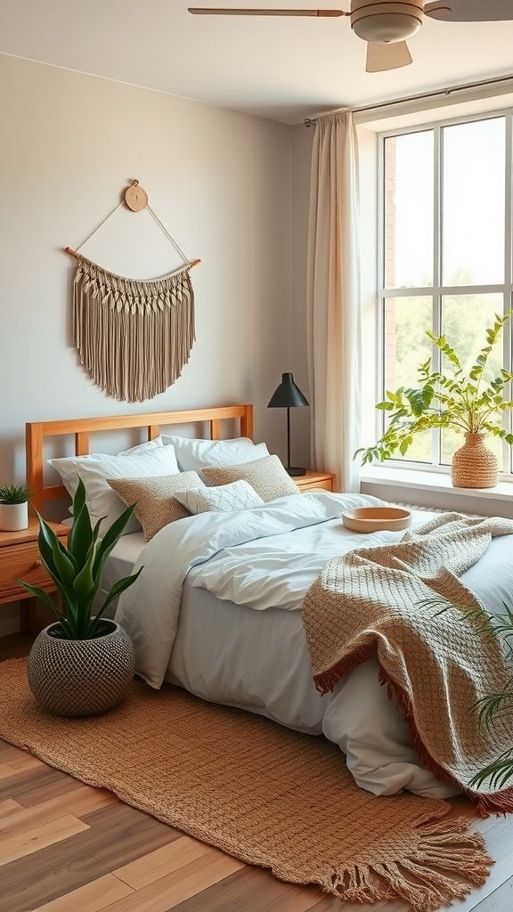 A minimalist boho bedroom featuring a natural wood bed frame, light bedding, and green plants.