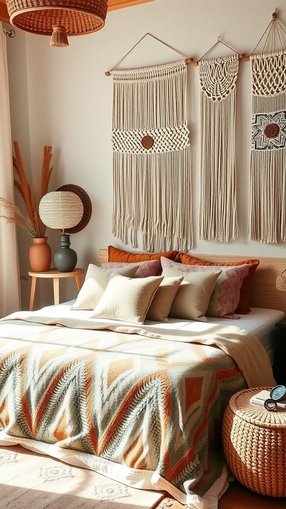 A cozy modern boho bedroom featuring geometric patterns, a stylish bed with colorful blankets, macramé wall decor, and earthy decor elements.