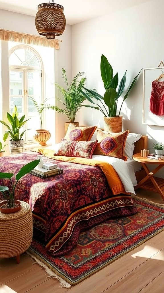 A cozy bedroom featuring Moroccan-inspired bedding with deep red patterns, plants, and boho decor.