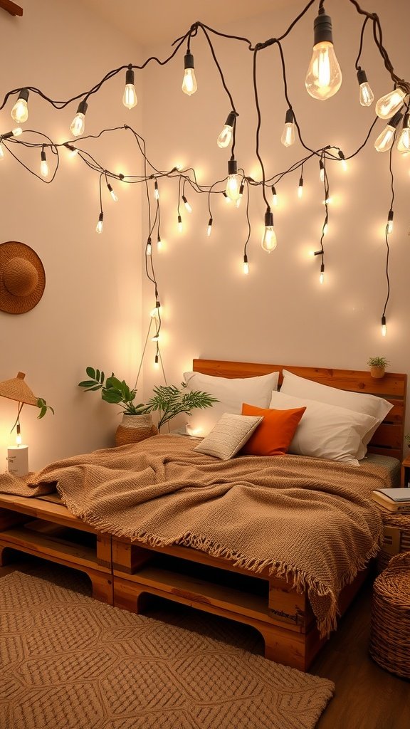 Cozy boho bedroom featuring a pallet bed with string lights overhead, accented with warm throws and cushions.