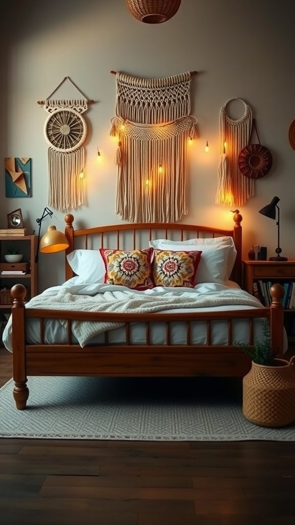 A cozy retro boho bedroom featuring a wooden bed frame, macrame wall hangings, and colorful decorative pillows.