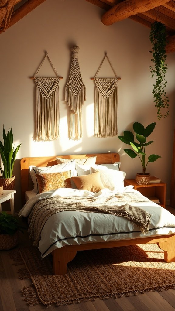 A cozy boho bedroom with a wooden bed frame, soft bedding, macramé wall hangings, and indoor plants creating a rustic retreat.