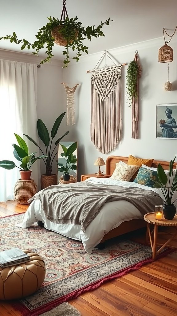 A stylish boho bedroom featuring plants, macrame wall hangings, and a cozy bed.