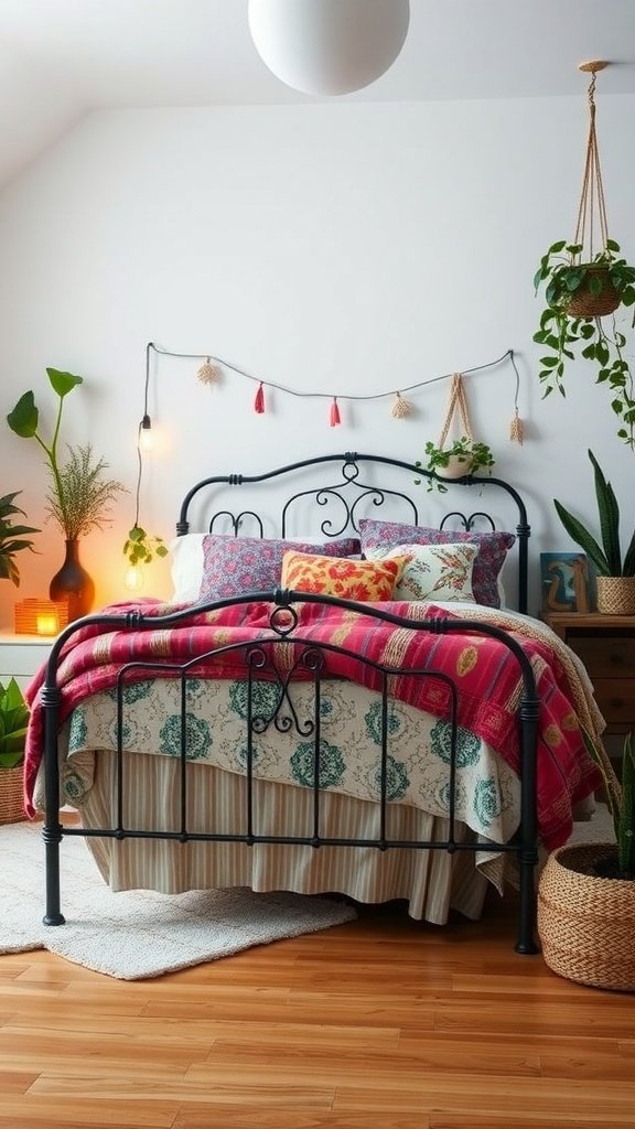 A cozy boho bedroom featuring a vintage iron bed frame with colorful bedding and plants.