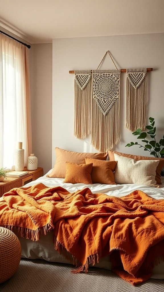 A cozy Boho bedroom featuring a warm-toned bed with an orange blanket, various textured pillows, and a macramé wall hanging.