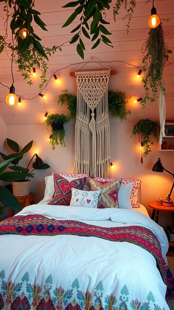 A cozy and colorful boho bedroom with vibrant bedding, macramé wall art, and hanging plants.